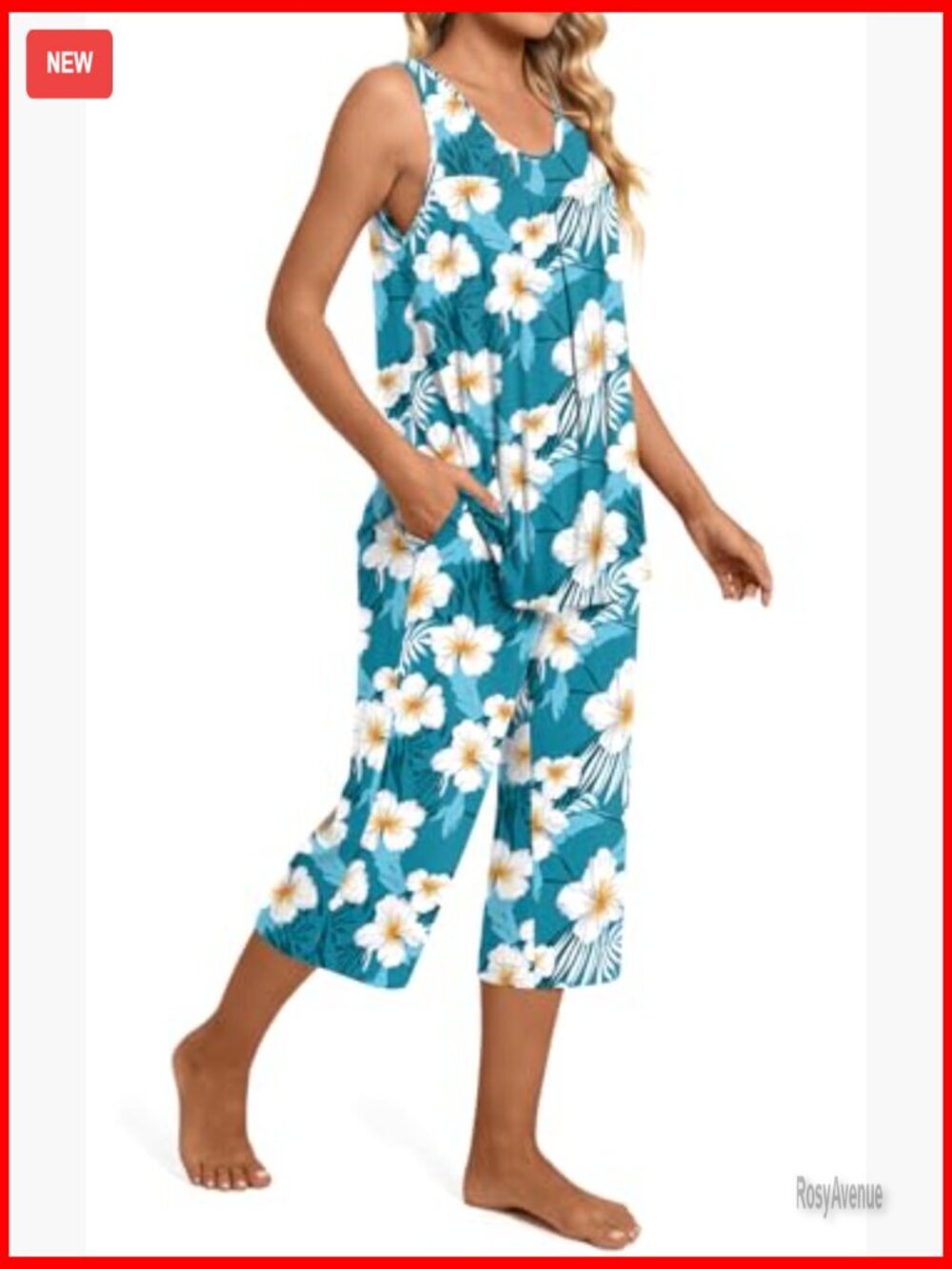 Women's 2 Piece Pajama Set Sleeveless Top Capri Pants Lounge Sets with Pockets - Picture 2 of 7